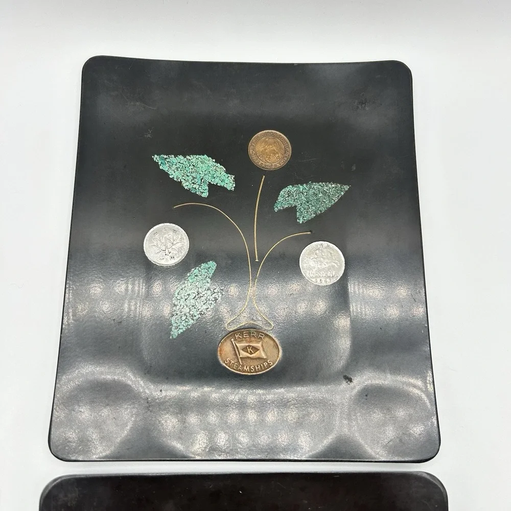 Vintage Couroc of Monterey Coin Turquoise Inlay Trays Set of 2 MCM California
